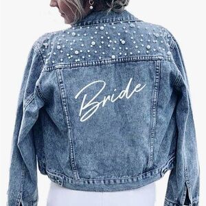 Denim Jacket with Pearl Accents and 'Bride' Design